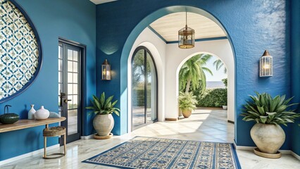 Boho, mediterranean interior design of modern home entryway, hall with arched walls.

