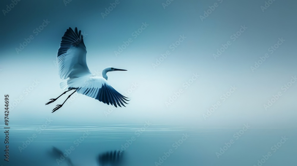 Wall mural  A bird flies over mirror-like water, its expansive wings reflected beneath