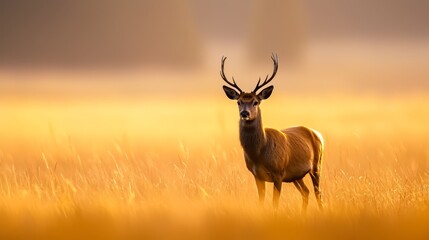 Obraz premium A deer stands in a field, surrounded by tall grass in the foreground, as a foggy sky looms in the background