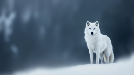 Obraz premium A white wolf posed against a dark backdrop, surrounded by falling snowflakes in the foreground