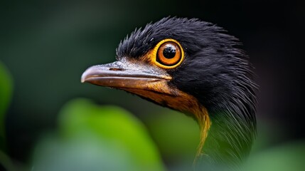  A tight shot of a bird's expressive face, with a vibrant green leaf situated prominently in the foreground Background softly blurred