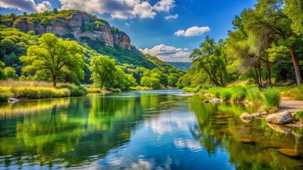 Fototapeta premium Serene Frio River winds through Garner State Park's lush green forests and scenic bluffs, offering tranquil settings