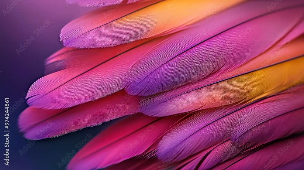 Wall mural  A tight shot of vibrant pink and yellow feathers against a backdrop of blue and purple, subtly blurred background