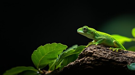Fototapeta premium A green lizard atop a branch, ensconced in foliage, next to a leafy plant