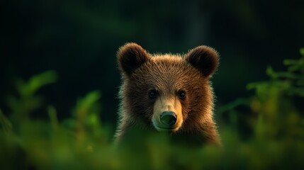 Obraz premium A tight shot of a brown bear's expressive face amidst tall grass, with trees looming behind