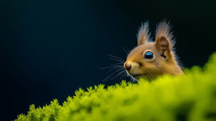  A tight shot of a squirrel's face, background softly blurred, green plant in sharp focus before it