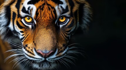 Obraz premium A tight shot of a tiger's intense gaze into the camera, backdrop softly blurred