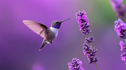  A hummingbird hovers above a purple flower, wings fully extended