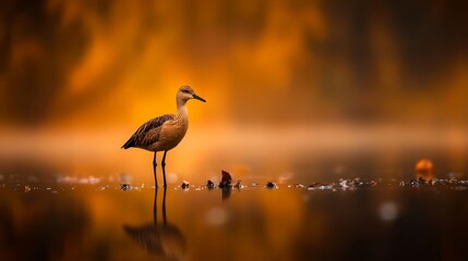 Obraz premium A bird atop a body of water, next to another bird on its surface