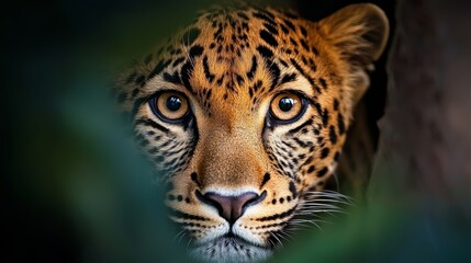Obraz premium A tight shot of a leopard's face, surrounded by a hazy backdrop of leaves and a tree trunk