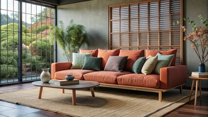 Japandi, minimalist interior design of modern living room with terra cotta sofa and colorful pillows.
