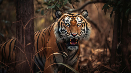 Fototapeta premium Bengal tiger, wild predator in the jungle forests, close-up. Natural nature. AI generated.