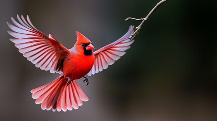  A red bird flaps its wings on a branch, holding a twig in its beak