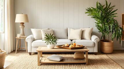 A cozy living room with a white sofa, a coffee table, a lamp, and a plant in a pot.