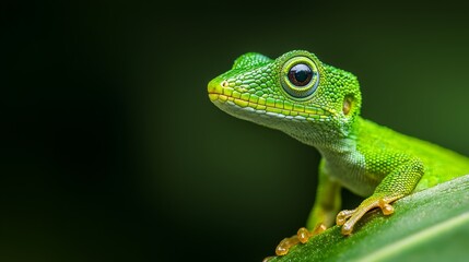 Fototapeta premium A tight shot of a green lizard perched on a textured leaf Background softly blurred, hue similar to dark green