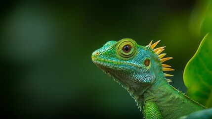 Fototapeta premium A tight shot of a green iguana perched on a branch, adorned with nearby foliage; background softly blurred