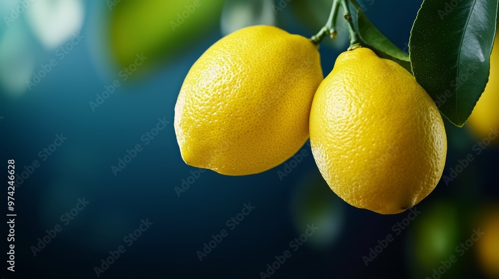 Wall mural  A tight shot of two lemons on a branch, surrounded by vibrant green leaves against a backdrop of a tranquil blue background The scene is softly diffused with a gentle blur