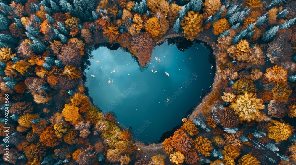 Aufkleber A large body of water surrounded by trees with a heart shape in the middle
