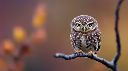  A small owl perches on a tree branch, its yellow eyes focused intently Background slightly blurred