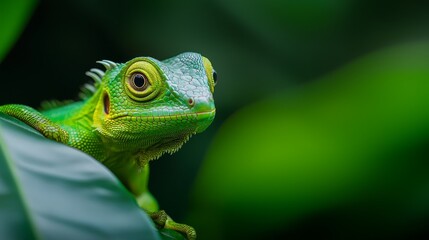 Fototapeta premium A tight shot of a green chameleon perched on a leaf against a softly blurred background