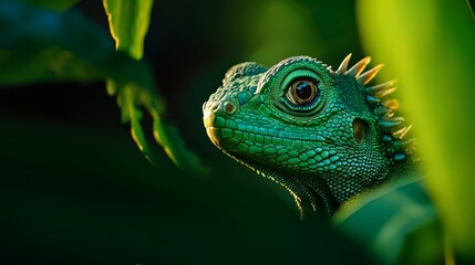 Fototapeta premium A tight shot of a green lizard perched on a branch adorned with leaves The lizard's face is indistinctly depicted in a blurred manner