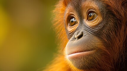 Fototapeta premium A tight shot of a monkey's expressive face with intense gaze, backdrop softly blurred