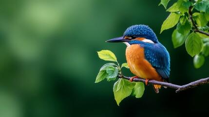  A vibrant bird perches on a tree branch, adorned with green leaves Its head is crowned with the hues of a blue, orange, and white bird