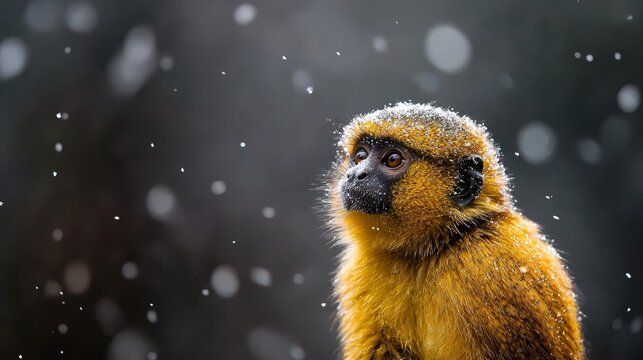  A tight shot of a yellow monkey with snow on its face and indistinct trees in the background
