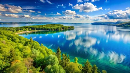 Serene morning scene of Grand Traverse Bay's tranquil waters reflecting the surrounding lush green forests and rolling