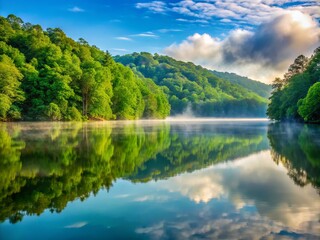 Serene morning scene of Thurmond Lake's calm waters reflecting the surrounding lush green forest, with mist rising from