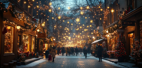 A city street lit with Christmas decorations featuring figures of people walking. Christmas