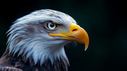 Obraz premium A tight shot of a bald eagle's head against a black backdrop, displaying its distinctive blue-yellow beak