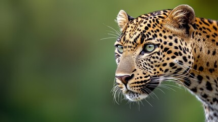  A tight shot of a leopard's face, background of trees softly blurred