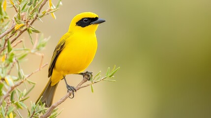 Fototapeta premium A yellow bird perches atop a tree branch beside a green-yellow plant, its foliage adorned with leaves