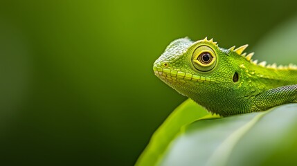 Fototapeta premium A tight shot of a green chameleon perched on a leaf against a softly blurred background
