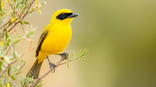  A yellow bird perches atop a tree branch beside a green-yellow plant, its foliage adorned with leaves