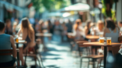 Blurred background of People sitting at tables in outdoor cafe, on bustling street. Relaxed atmosphere, featuring individuals enjoying coffee and casual conversation in lively city environment.