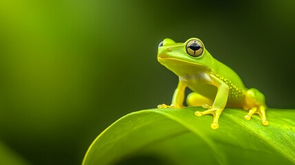 Obraz premium A tight shot of a frog atop a leaf against a softly blurred background
