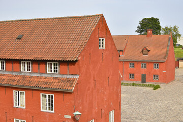 Beautiful red architecture in Kastellet area in Copenhagen.
