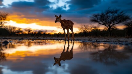  A giraffe by a water body, surrounded by trees and cloud-dotted sky