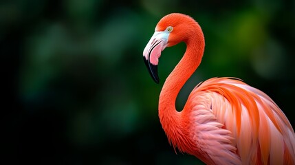  A tight shot of a pink flamingo against a softly blurred background of green foliage