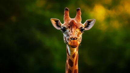 Obraz premium A tight shot of a giraffe's face against a softly blurred backdrop of trees