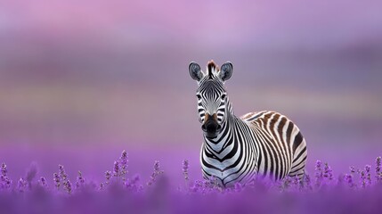 Fototapeta premium A zebra stands in a purple flower field, surrounded by a hazy sky