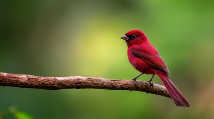  A red bird perches on a tree branch against a backdrop of a green forest with a blurred background
