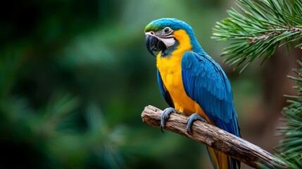 Obraz premium A parrot, colored blue and yellow, perches on a tree branch The branch is part of a green pine tree located in a forest
