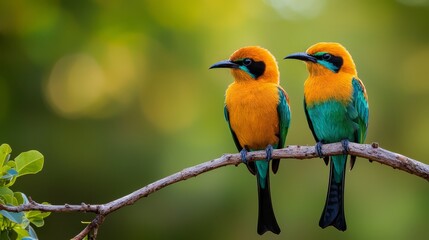Fototapeta premium Two vibrant birds perch on a tree branch against a hazy backdrop of green and yellow foliage