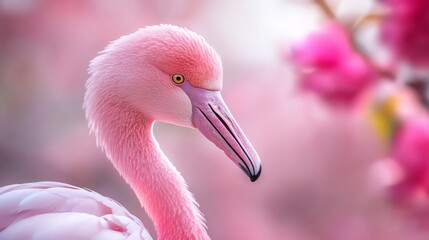 Fototapeta premium A pink flamingo before a tree, its branches adorned with pink blossoms, backdrop softly blurred