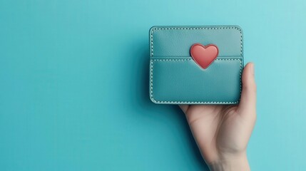 Obraz premium A stylish teal wallet with a heart design held by a hand against a vibrant teal background, perfect for showcasing love and style.