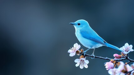 Fototapeta premium A small blue bird on a tree branch, surrounded by white and pink flowers against a black backdrop