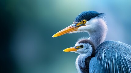 Fototapeta premium A tight shot of a bird carrying a hatchling on its back against a hazy backdrop